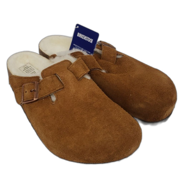 Birkenstock Shoes - Birkenstock Mens Boston Shearling Sandals Mink Natural Tan Off White 10 US